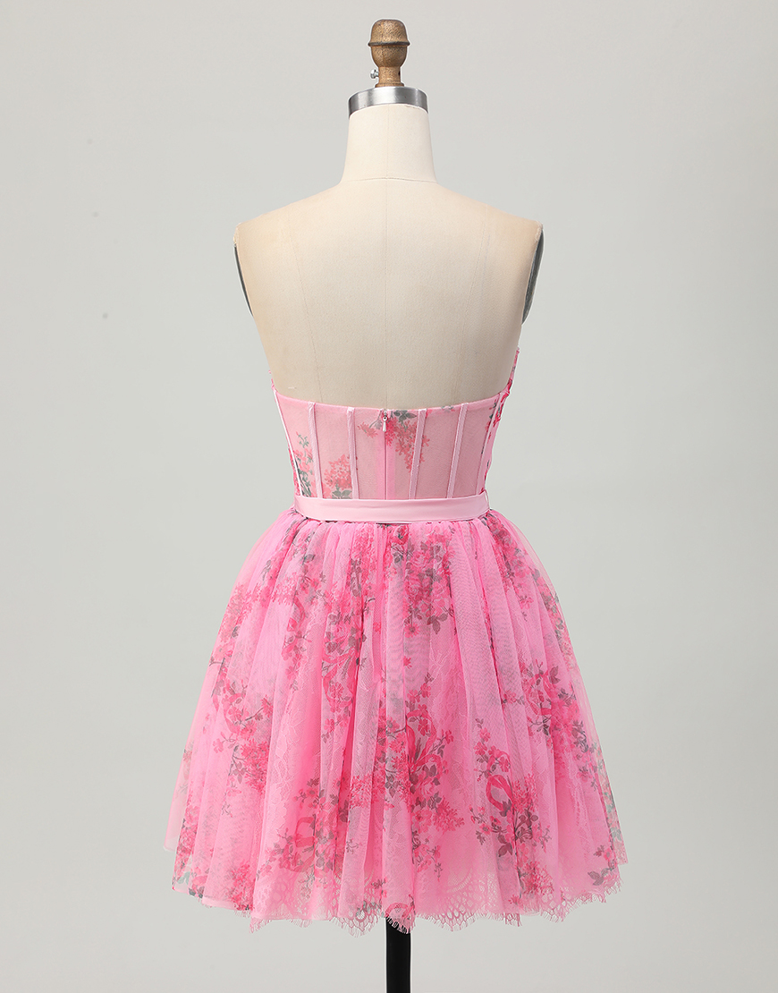 Pink Floral Strapless Short Corset Homecoming Dress with Bow
