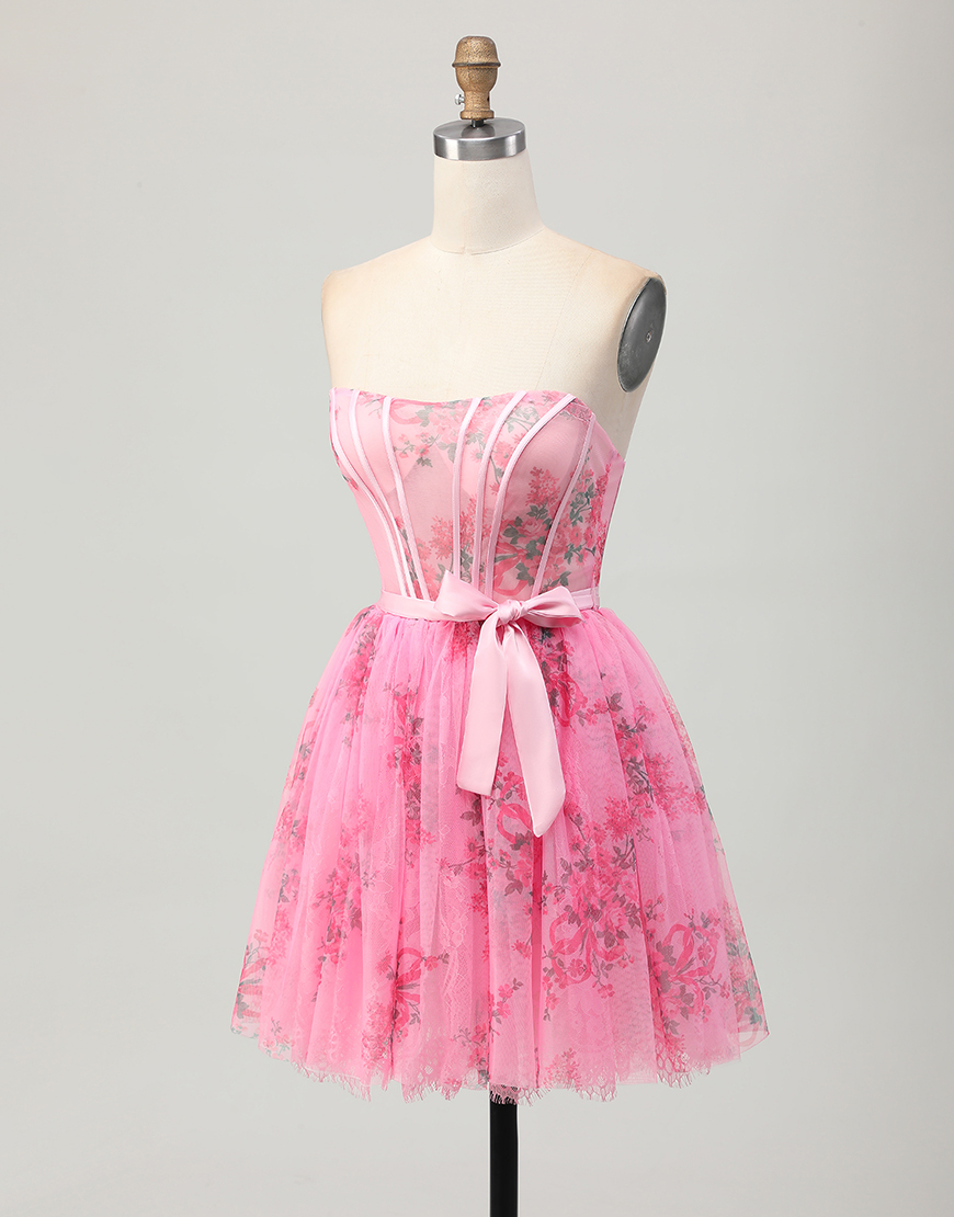 Pink Floral Strapless Short Corset Homecoming Dress with Bow