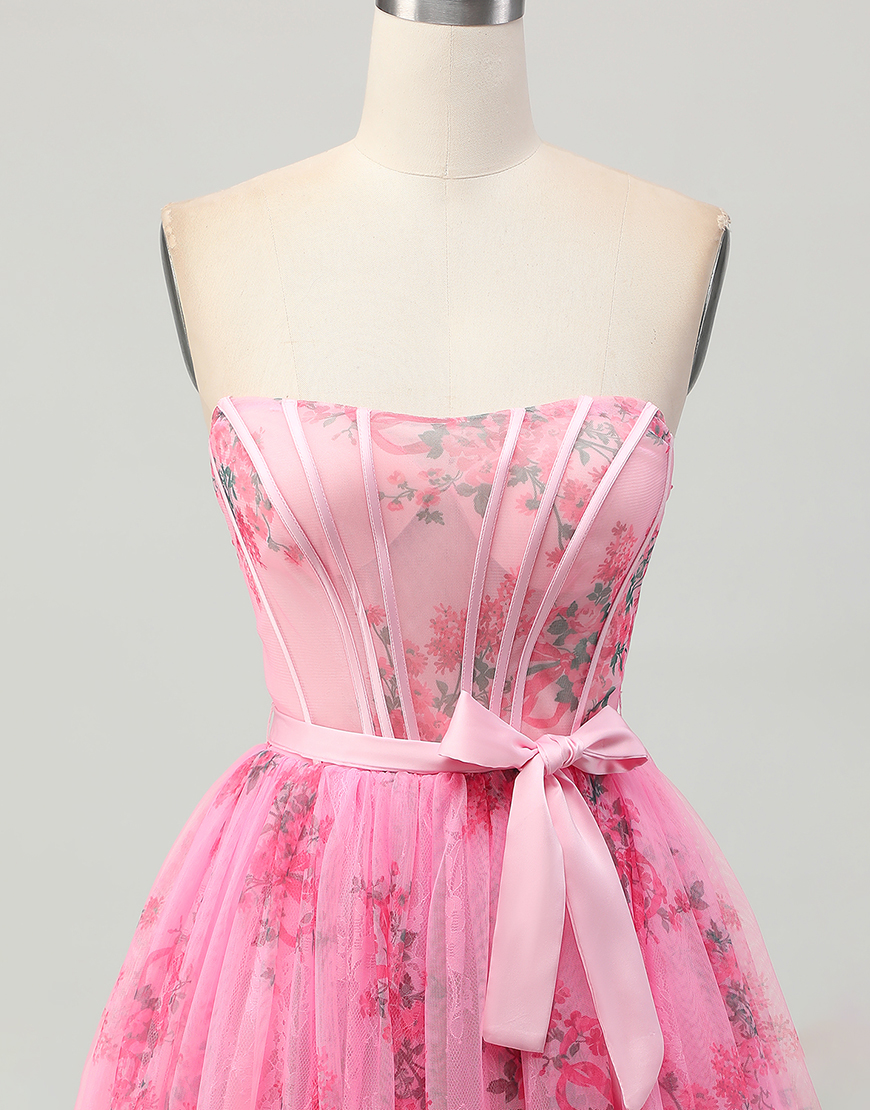 Pink Floral Strapless Short Corset Homecoming Dress with Bow
