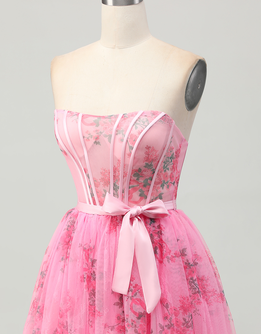 Pink Floral Strapless Short Corset Homecoming Dress with Bow