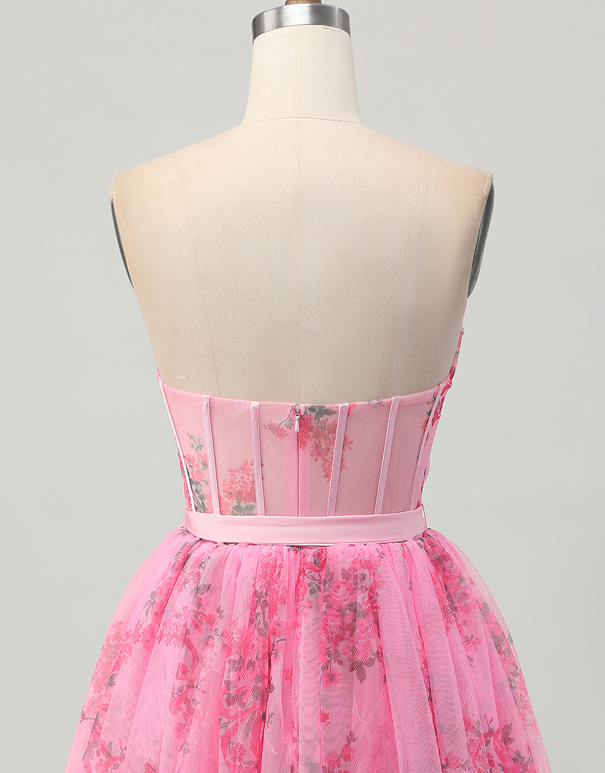Pink Floral Strapless Short Corset Homecoming Dress with Bow