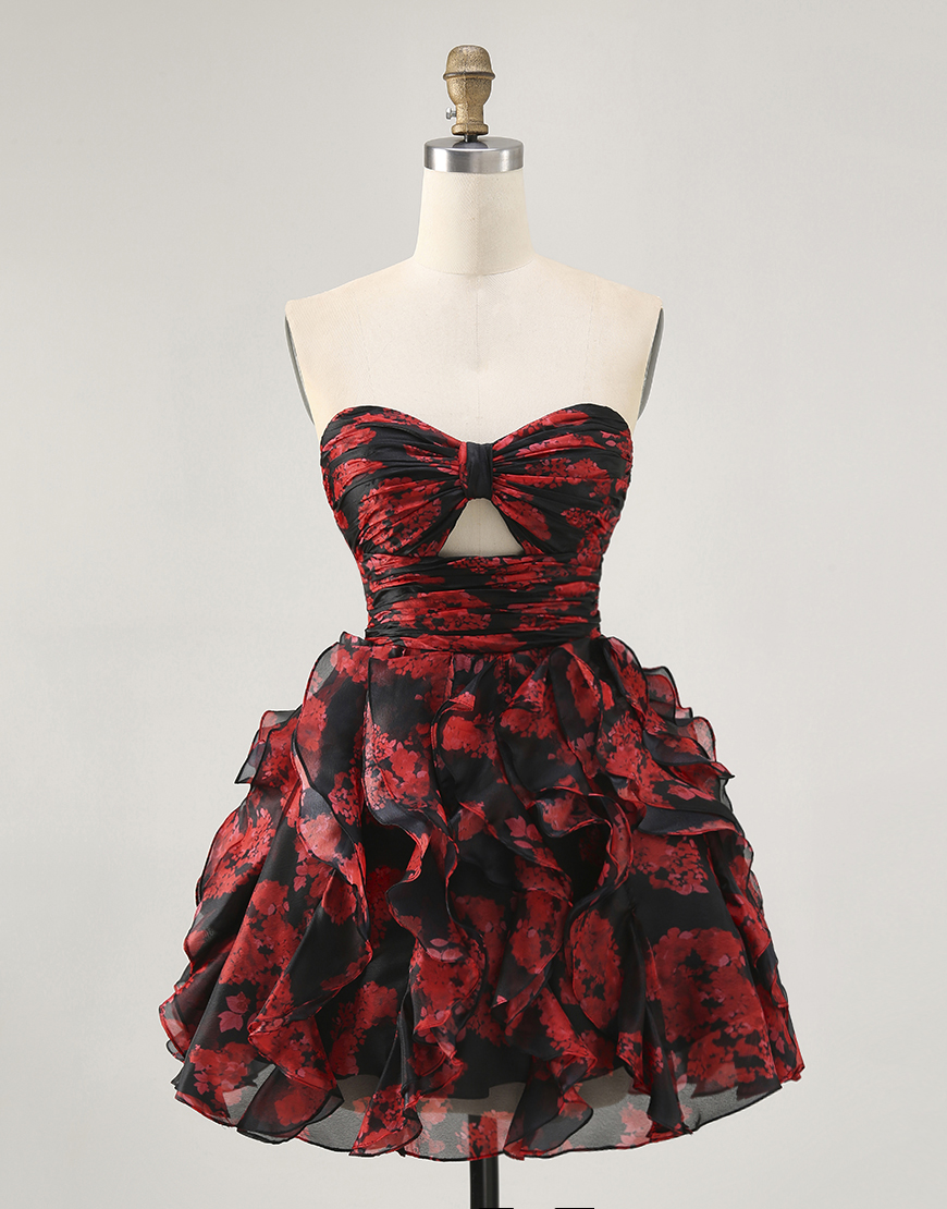 Black and Red Floral Cut Out Sweetheart Ruffled Short Homecoming Dress