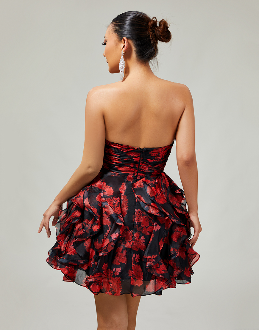 Black and Red Floral Cut Out Sweetheart Ruffled Short Homecoming Dress