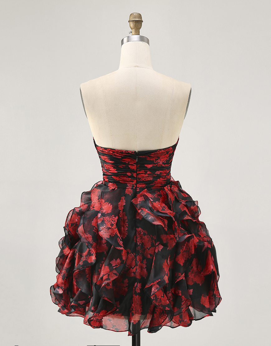 Black and Red Floral Cut Out Sweetheart Ruffled Short Homecoming Dress
