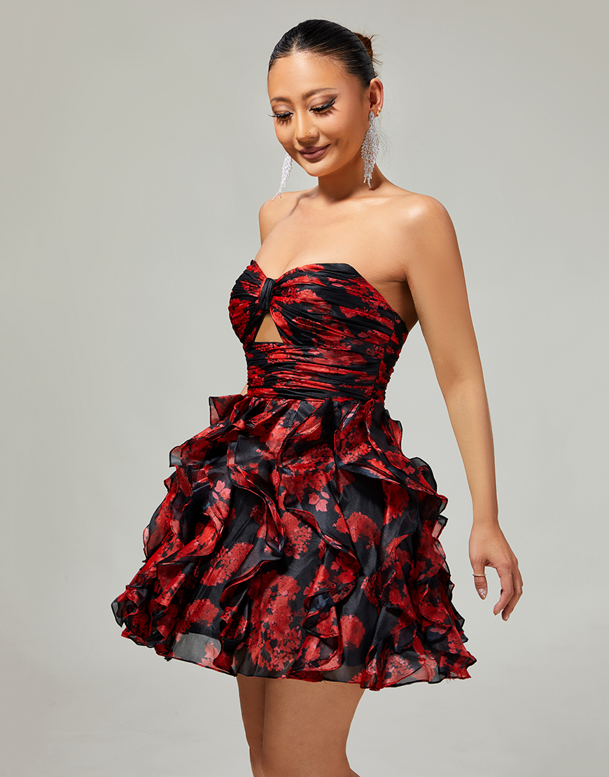 Black and Red Floral Cut Out Sweetheart Ruffled Short Homecoming Dress