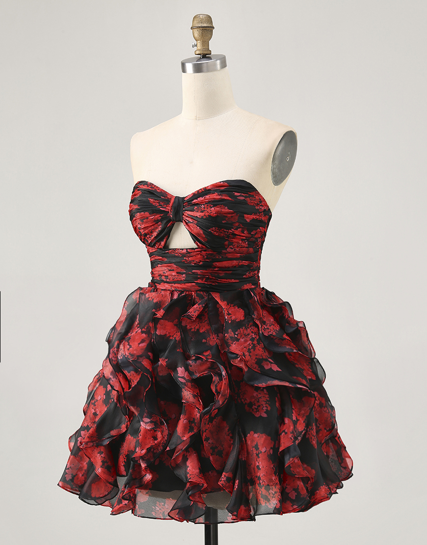 Black and Red Floral Cut Out Sweetheart Ruffled Short Homecoming Dress