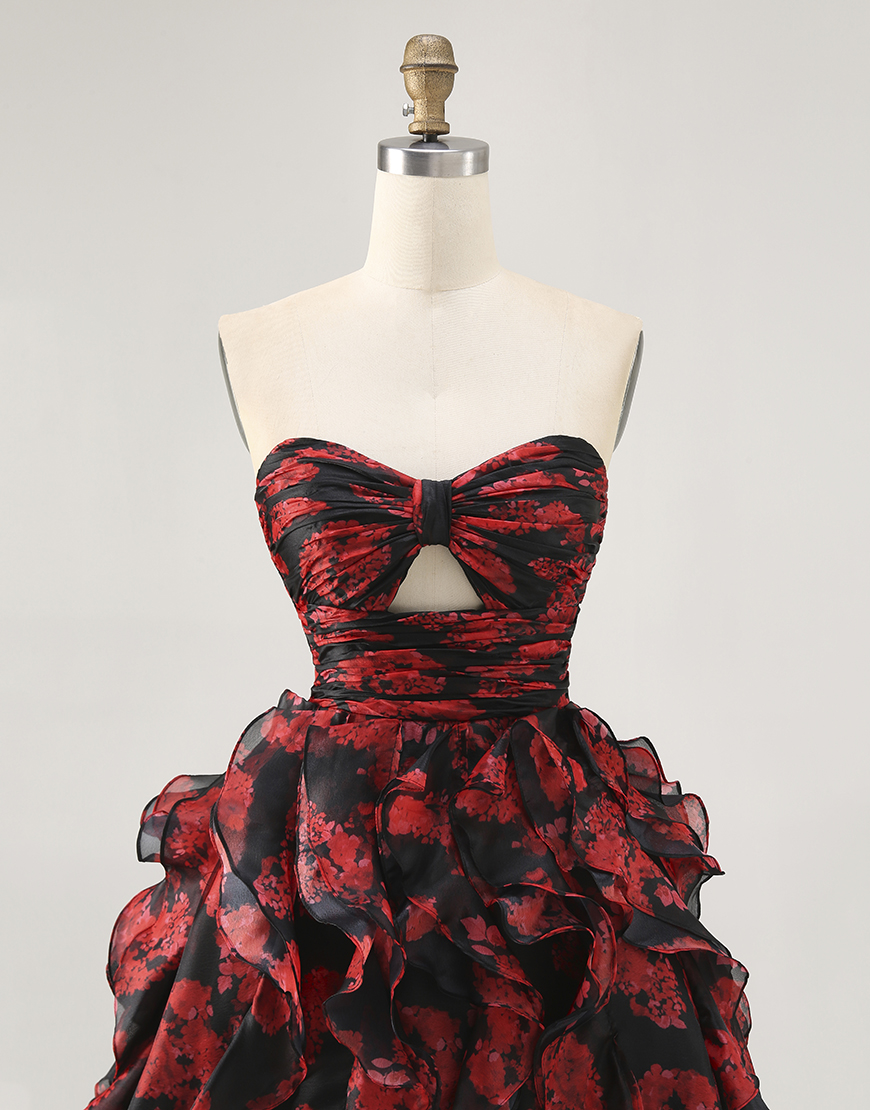 Black and Red Floral Cut Out Sweetheart Ruffled Short Homecoming Dress