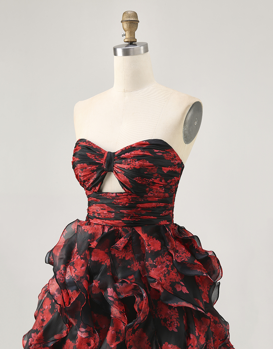 Black and Red Floral Cut Out Sweetheart Ruffled Short Homecoming Dress