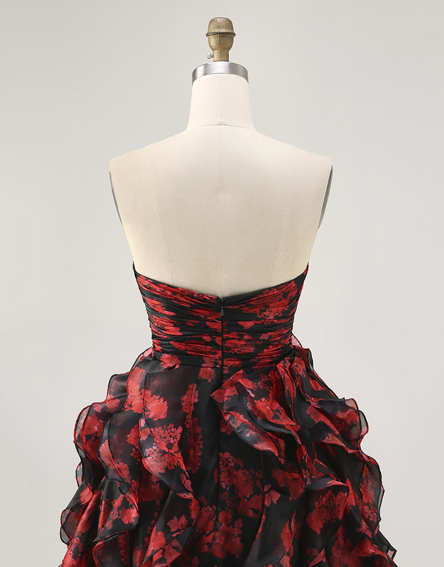 Black and Red Floral Cut Out Sweetheart Ruffled Short Homecoming Dress