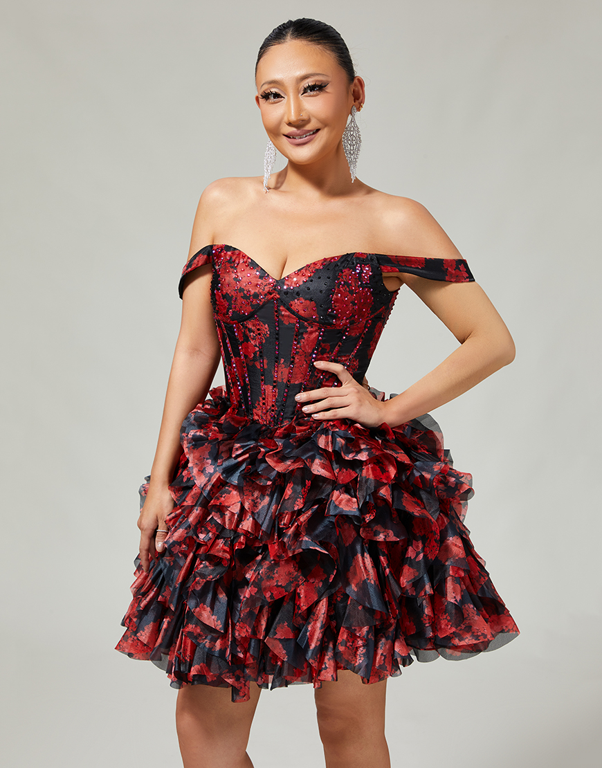 Sparkly Black and Red Floral A Line Short Corset Homecoming Dress with Beading