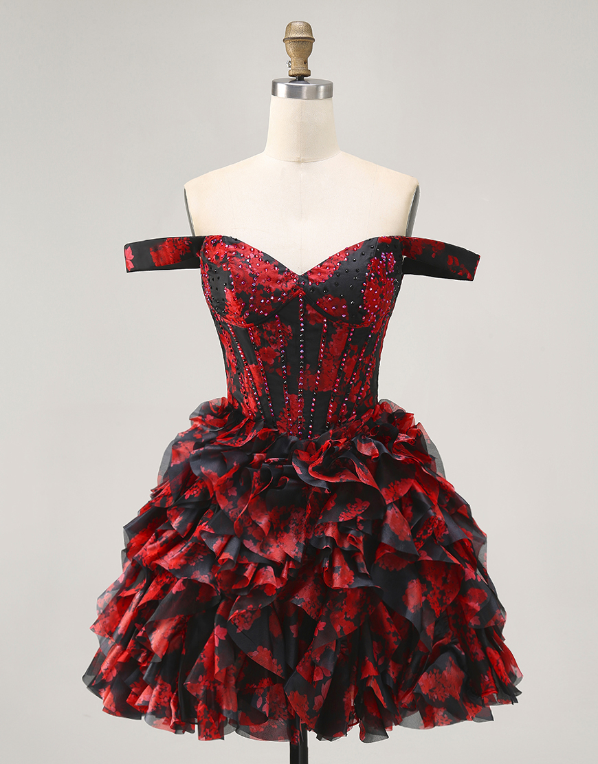 Sparkly Black and Red Floral A Line Short Corset Homecoming Dress with Beading