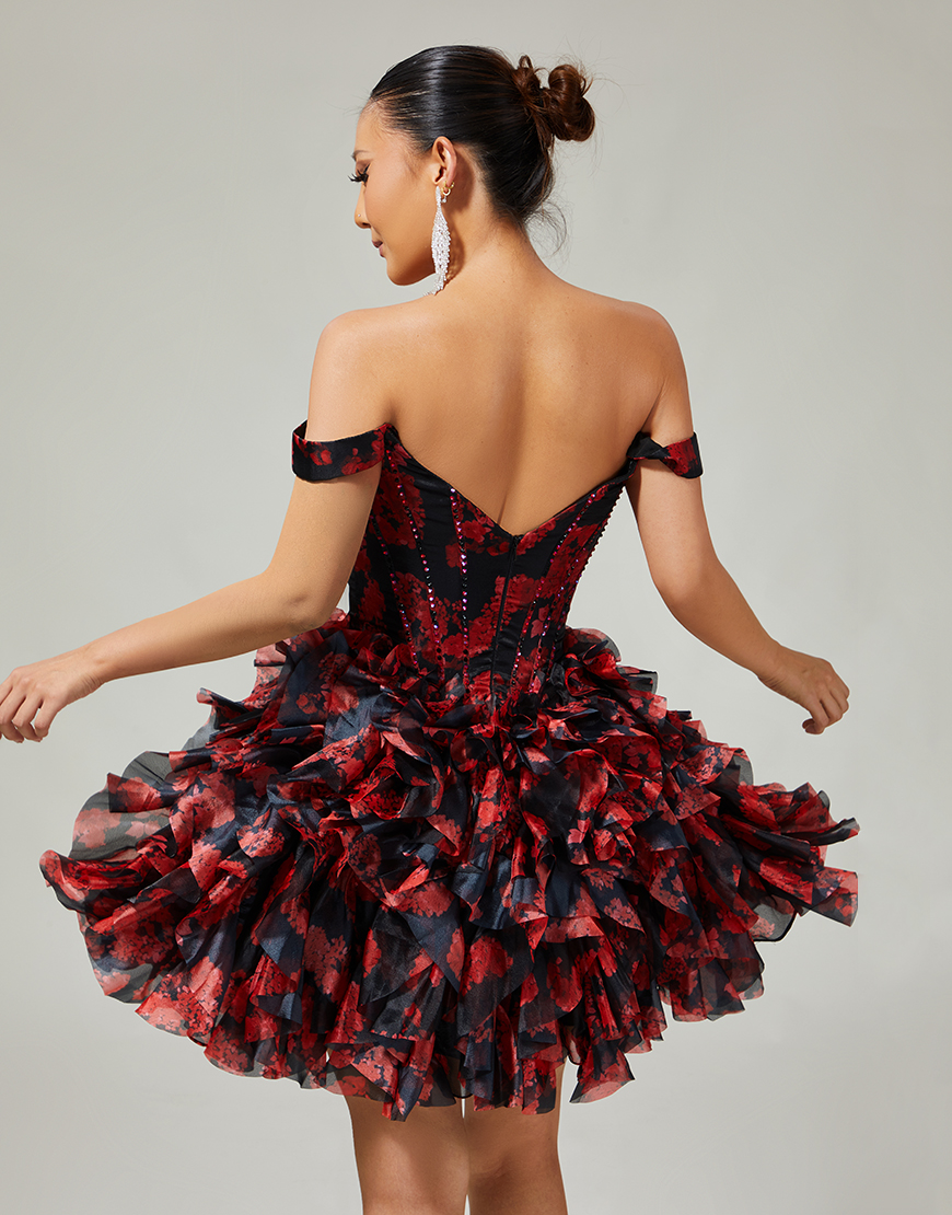 Sparkly Black and Red Floral A Line Short Corset Homecoming Dress with Beading