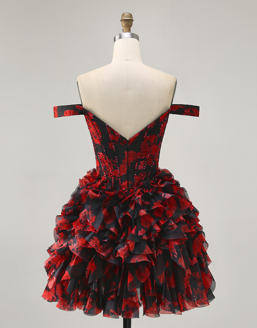 Sparkly Black and Red Floral A Line Short Corset Homecoming Dress with Beading