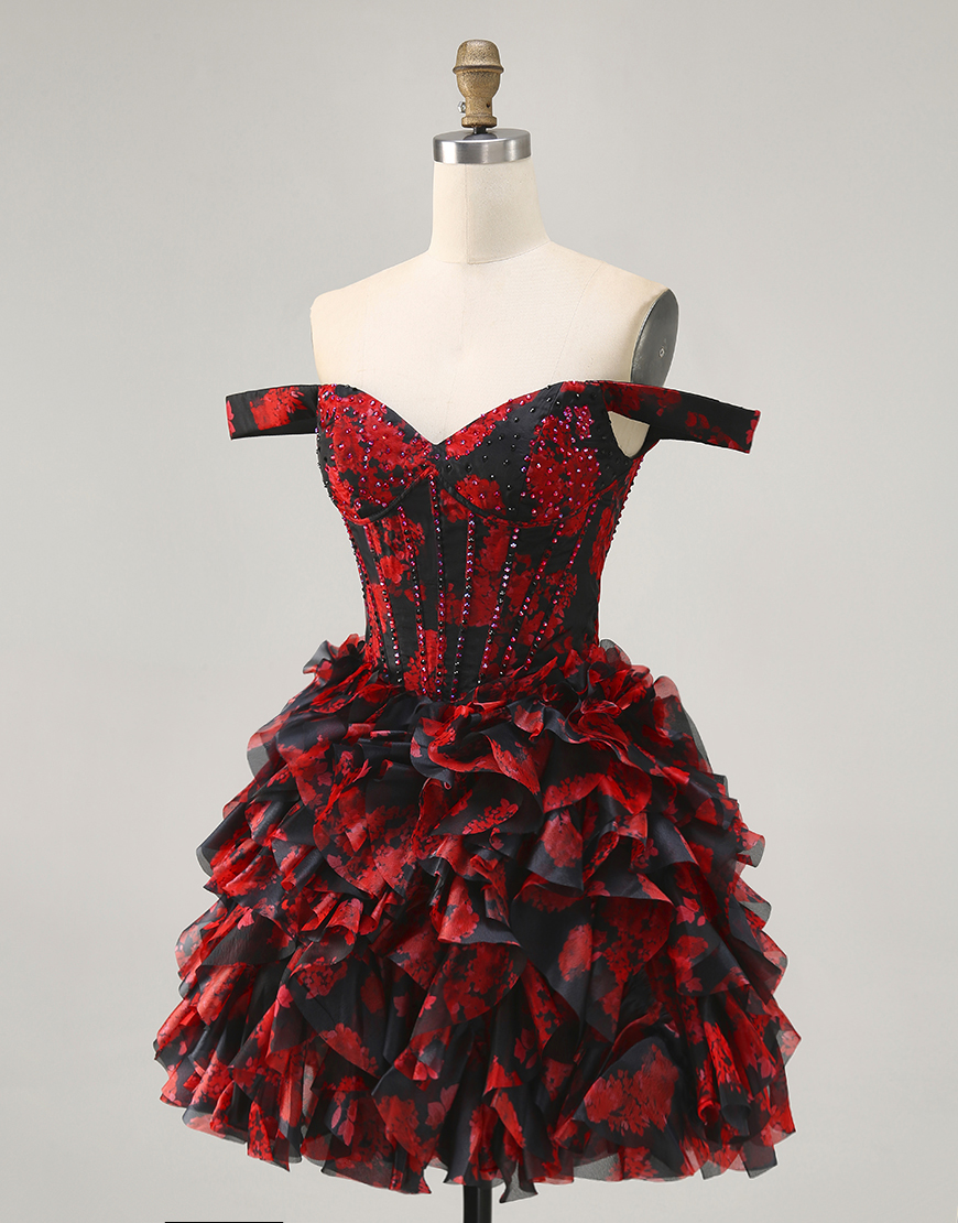Sparkly Black and Red Floral A Line Short Corset Homecoming Dress with Beading