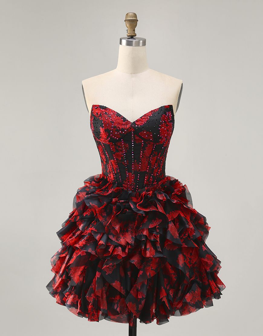 Sparkly Black and Red Floral A Line Short Corset Homecoming Dress with Beading