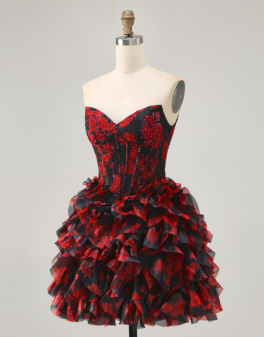Sparkly Black and Red Floral A Line Short Corset Homecoming Dress with Beading