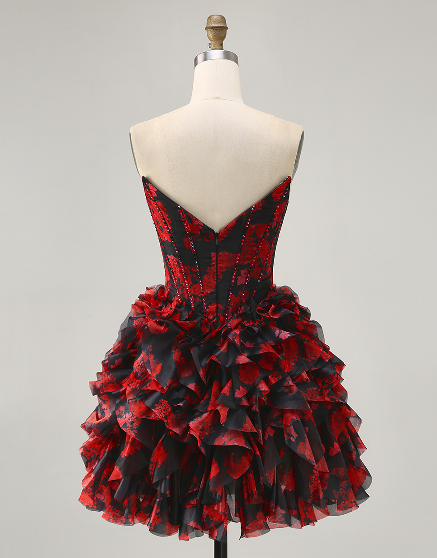 Sparkly Black and Red Floral A Line Short Corset Homecoming Dress with Beading