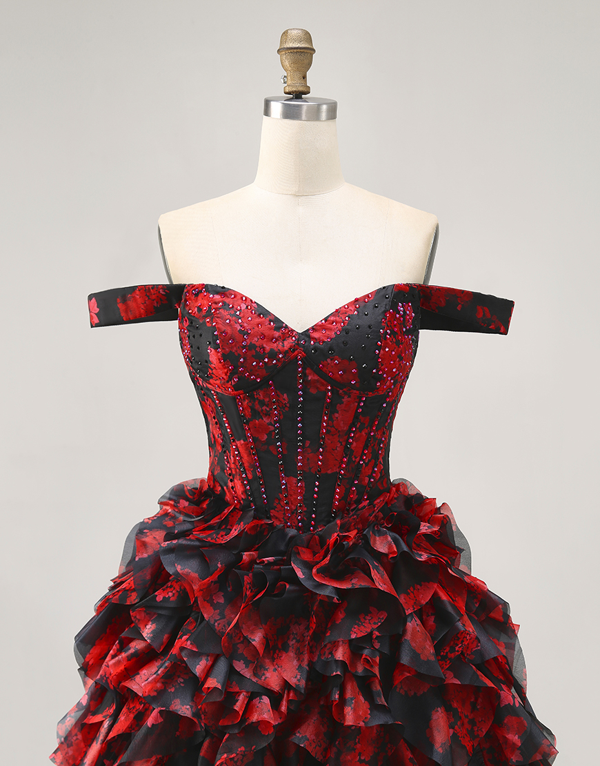 Sparkly Black and Red Floral A Line Short Corset Homecoming Dress with Beading