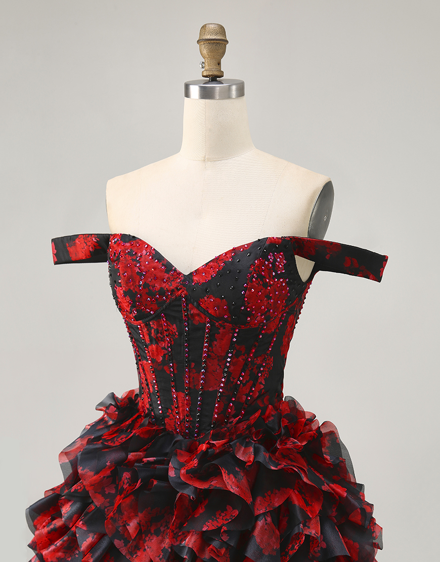 Sparkly Black and Red Floral A Line Short Corset Homecoming Dress with Beading