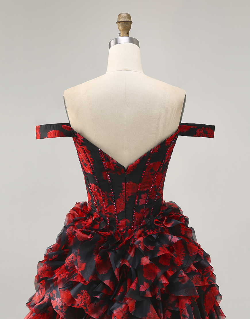 Sparkly Black and Red Floral A Line Short Corset Homecoming Dress with Beading