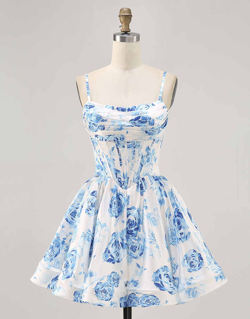 White and Blue Satin Floral A Line Short Corset Homecoming Dress