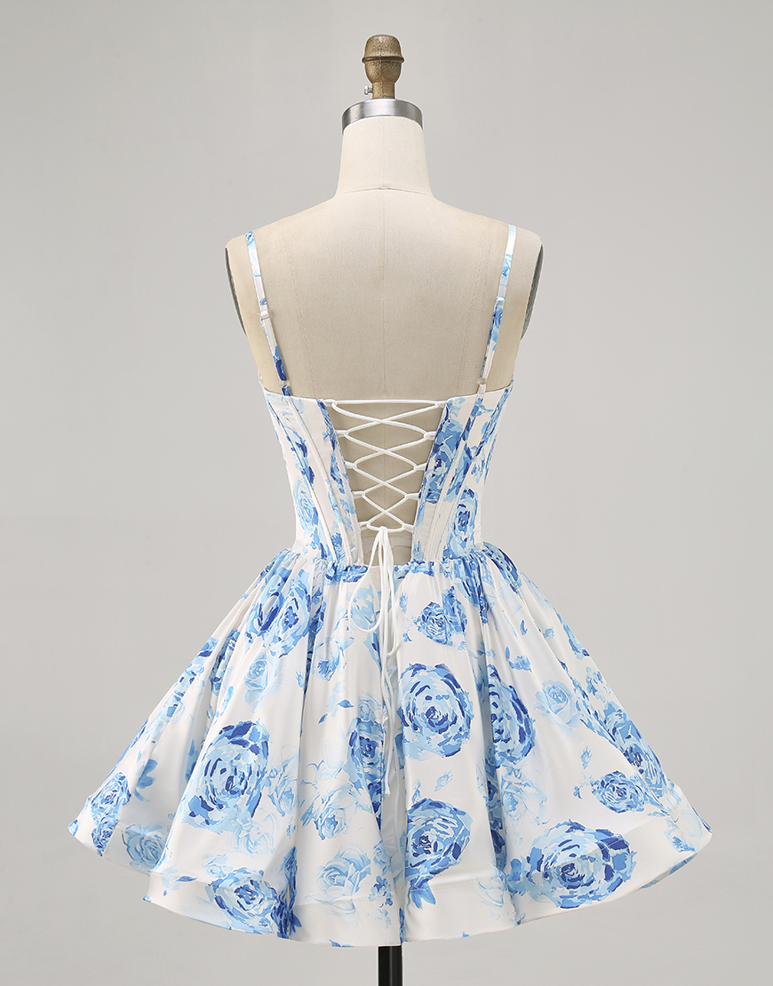 White and Blue Satin Floral A Line Short Corset Homecoming Dress