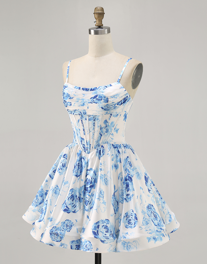 White and Blue Satin Floral A Line Short Corset Homecoming Dress