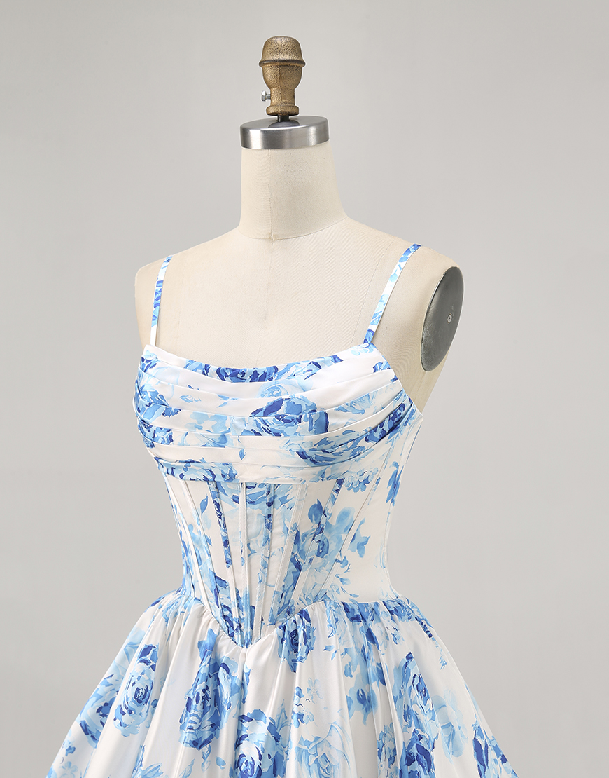 White and Blue Satin Floral A Line Short Corset Homecoming Dress