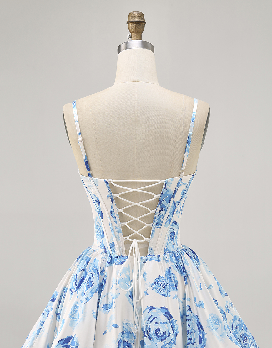 White and Blue Satin Floral A Line Short Corset Homecoming Dress
