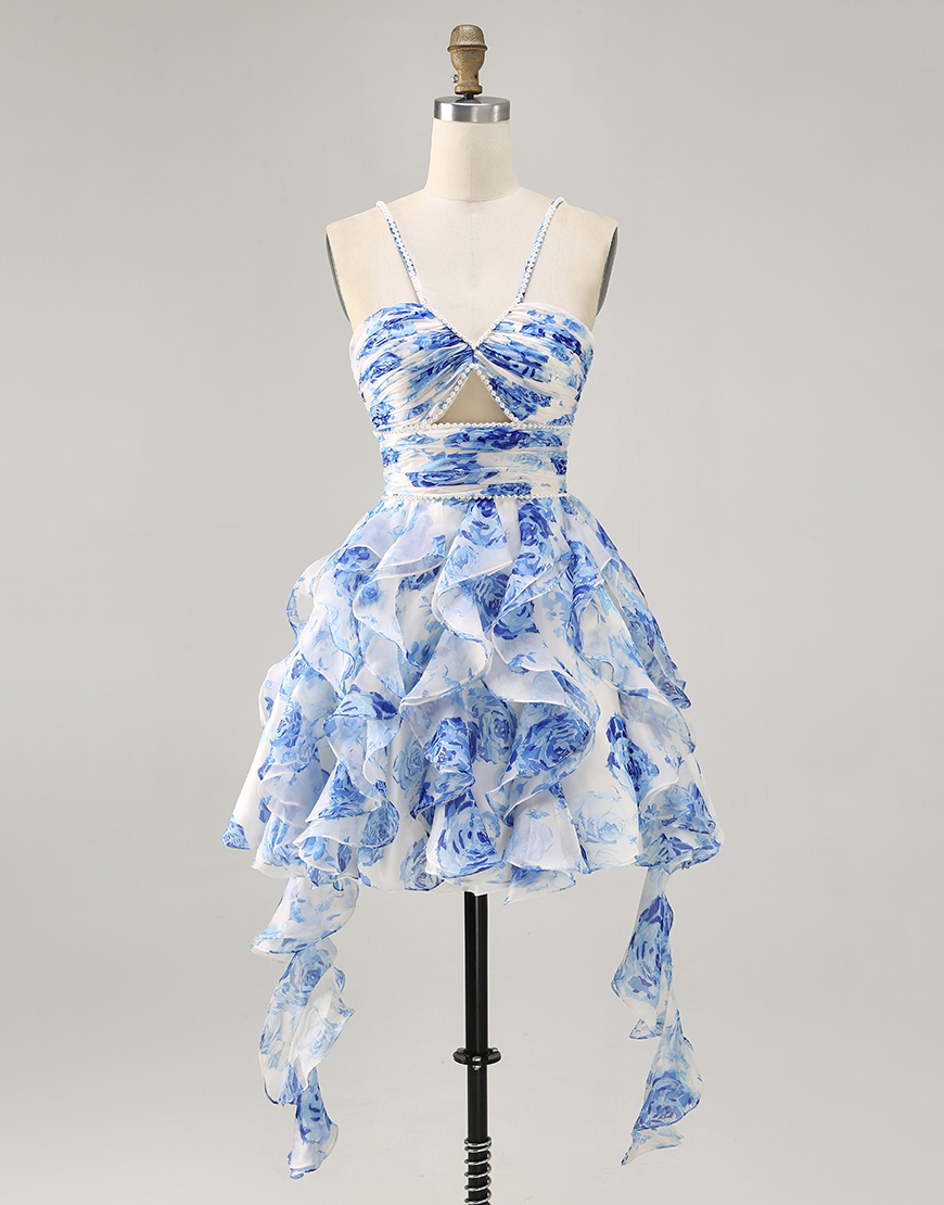 White and Blue Floral Ruched Short Ruffled Homecoming Dress with Pearls