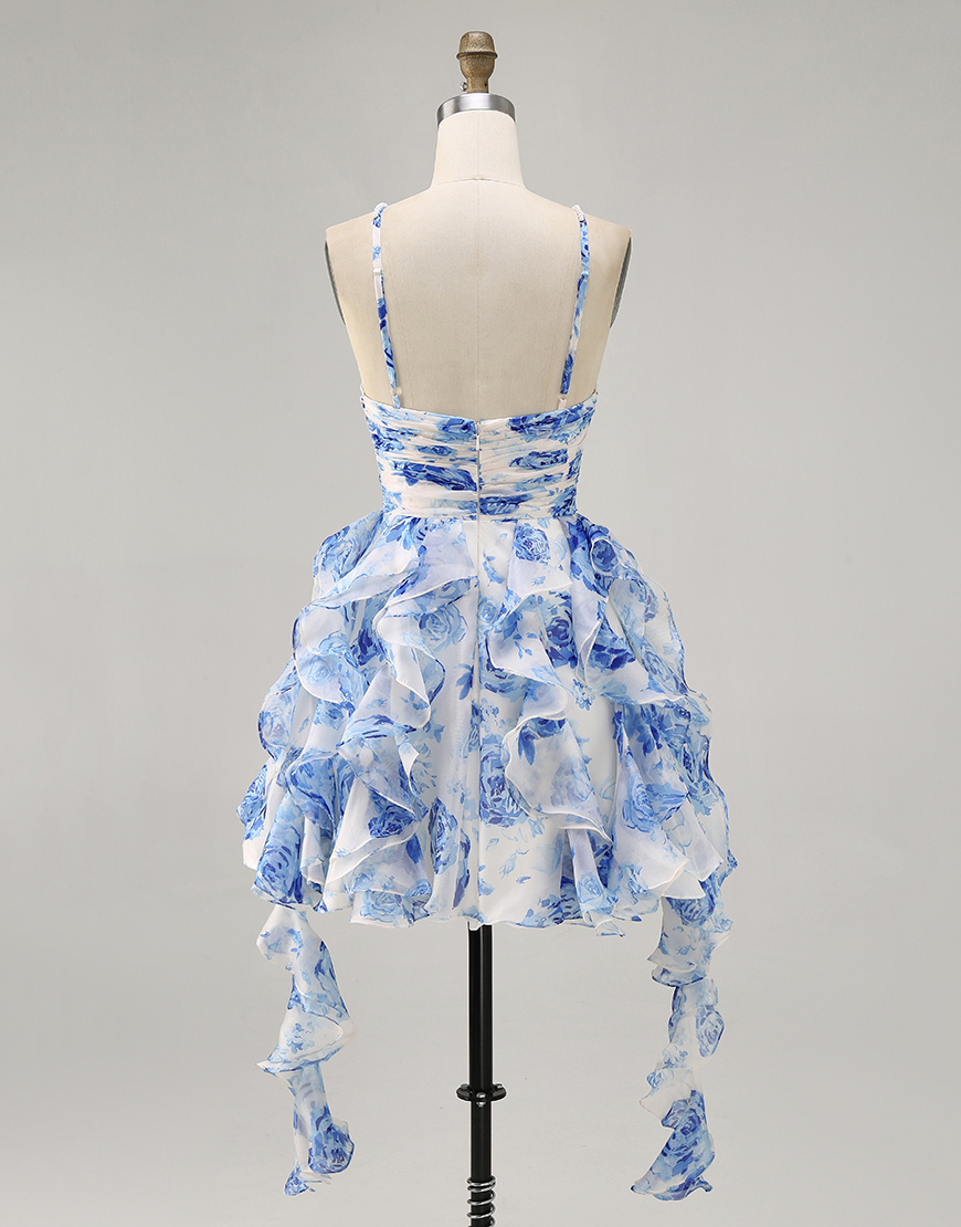 White and Blue Floral Ruched Short Ruffled Homecoming Dress with Pearls