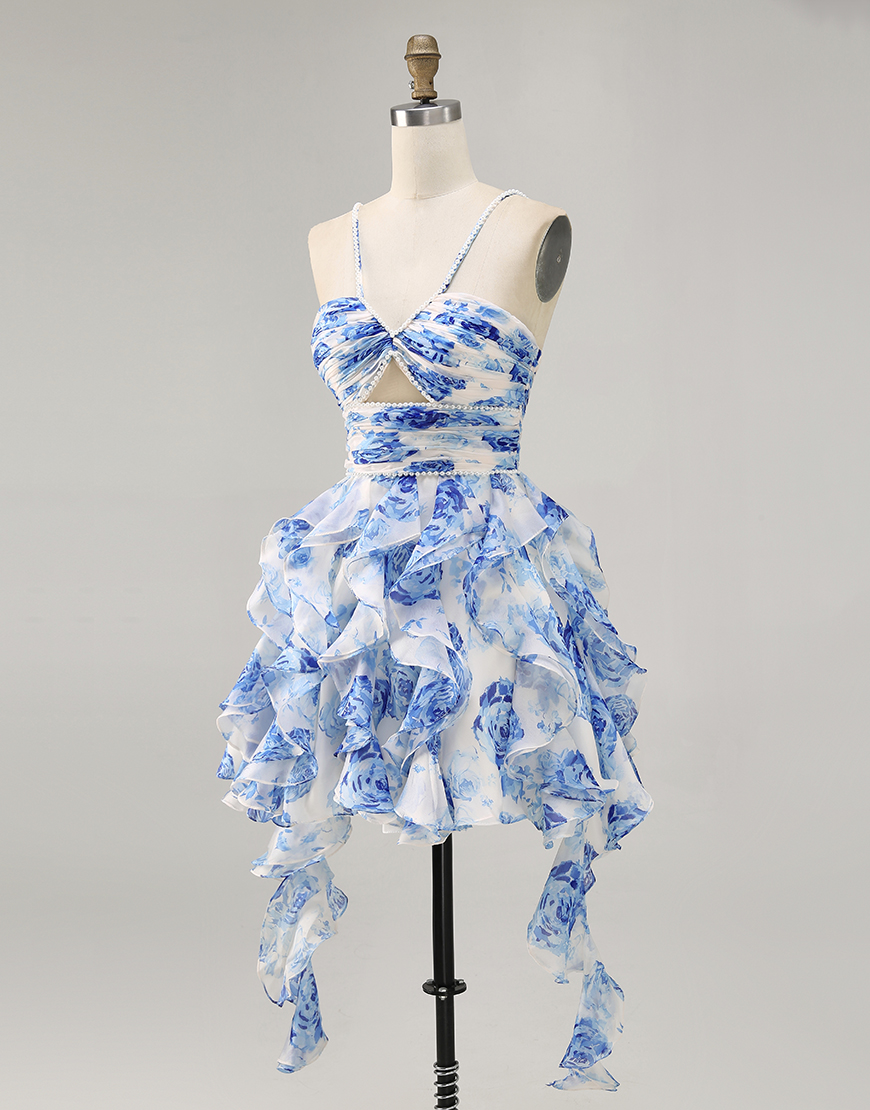 White and Blue Floral Ruched Short Ruffled Homecoming Dress with Pearls