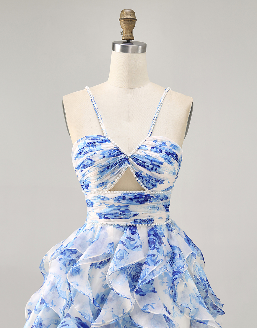 White and Blue Floral Ruched Short Ruffled Homecoming Dress with Pearls