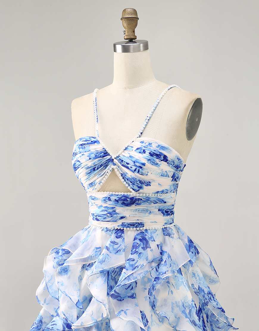 White and Blue Floral Ruched Short Ruffled Homecoming Dress with Pearls