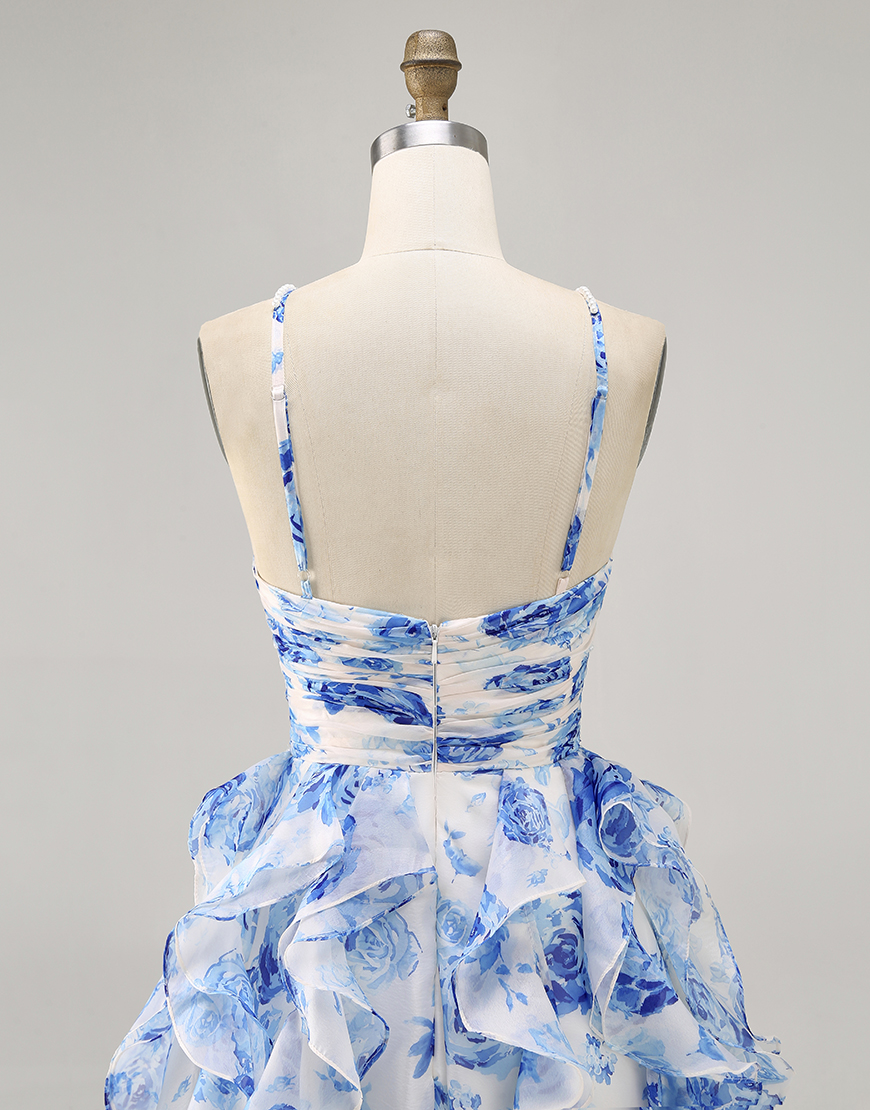 White and Blue Floral Ruched Short Ruffled Homecoming Dress with Pearls