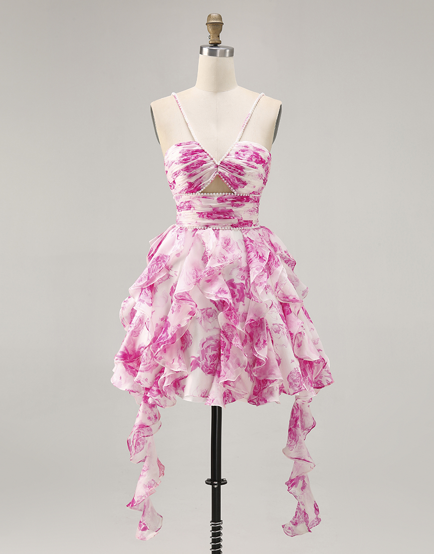 White and Fuchsia Floral Ruffled Short Homecoming Dress with Pearls