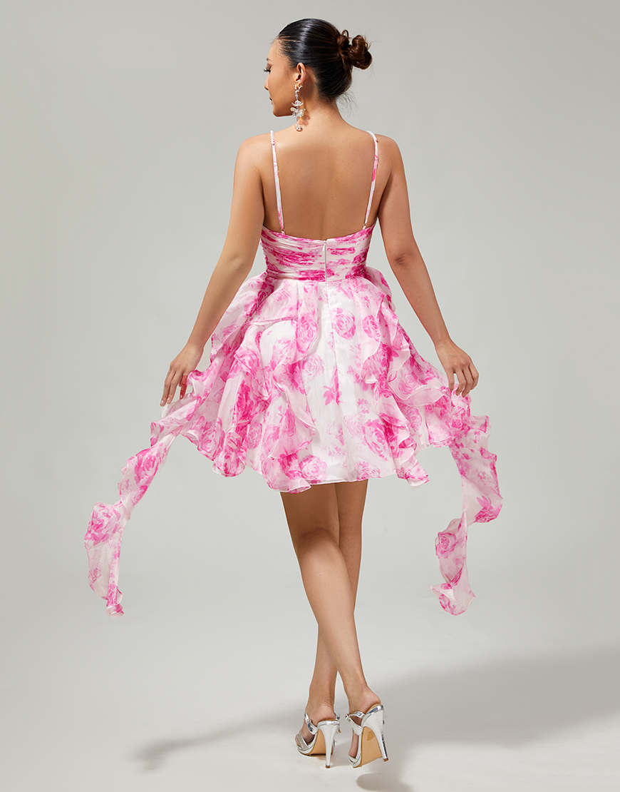 White and Blue Floral Ruched Short Ruffled Homecoming Dress with Pearls