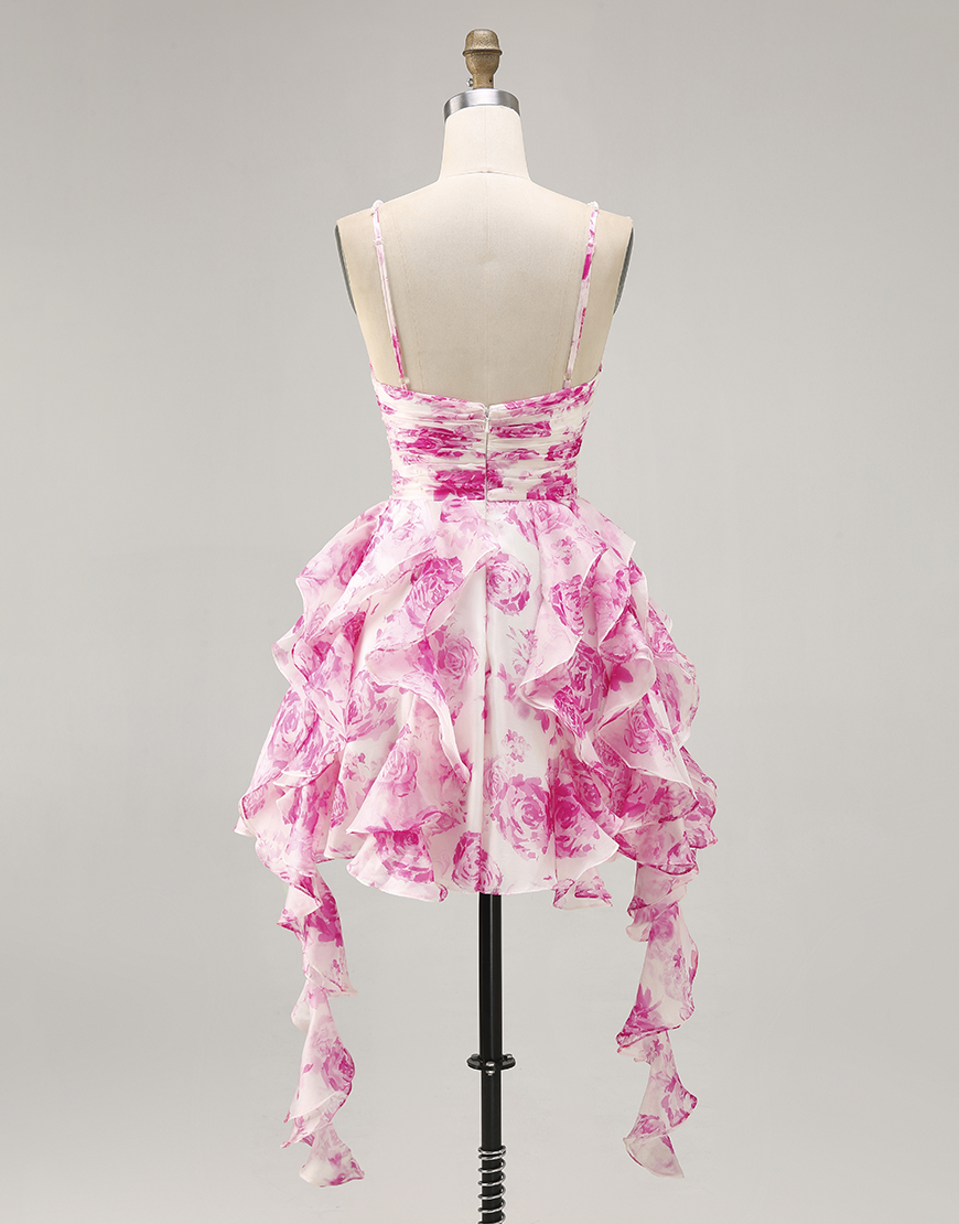 White and Fuchsia Floral Ruffled Short Homecoming Dress with Pearls