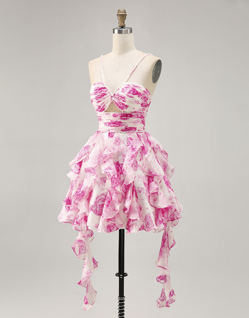 White and Blue Floral Ruched Short Ruffled Homecoming Dress with Pearls