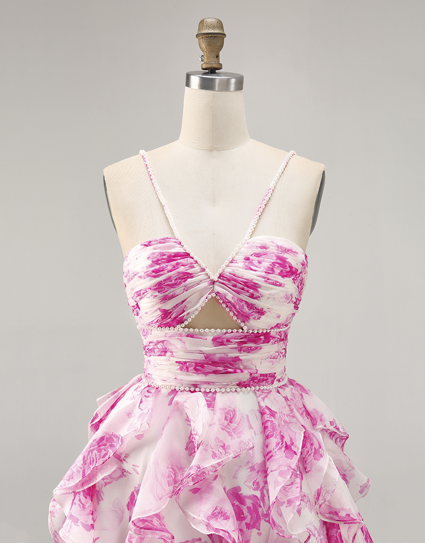 White and Blue Floral Ruched Short Ruffled Homecoming Dress with Pearls