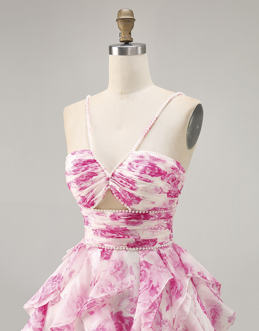 White and Blue Floral Ruched Short Ruffled Homecoming Dress with Pearls