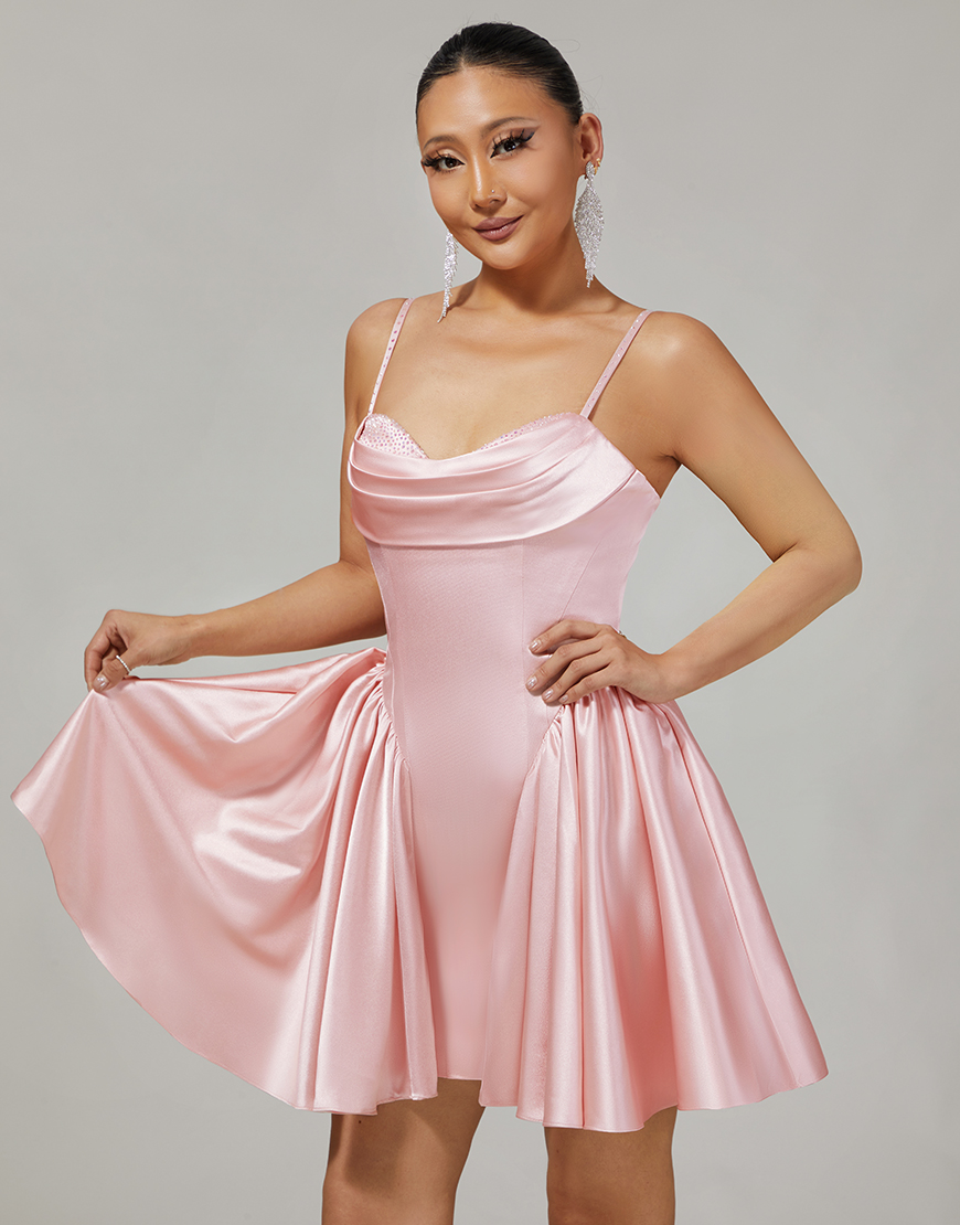 Blush Spaghetti Straps Satin A Line Short Homecoming Dress
