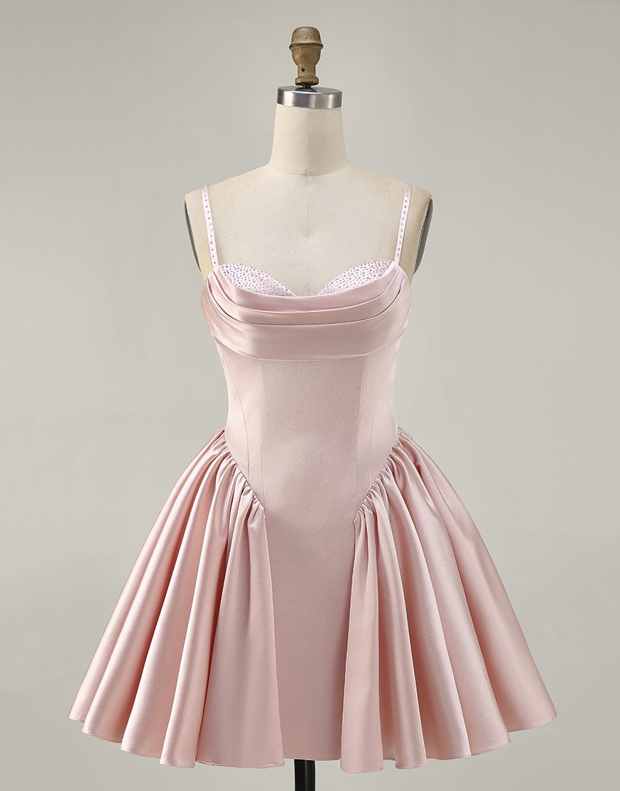 Blush Spaghetti Straps Satin A Line Short Homecoming Dress