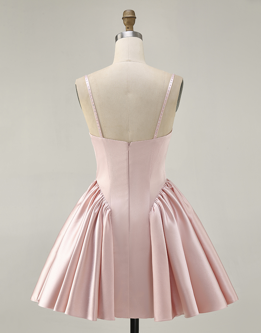 Blush Spaghetti Straps Satin A Line Short Homecoming Dress
