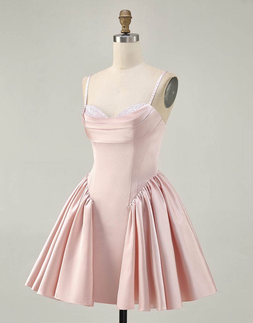 Blush Spaghetti Straps Satin A Line Short Homecoming Dress