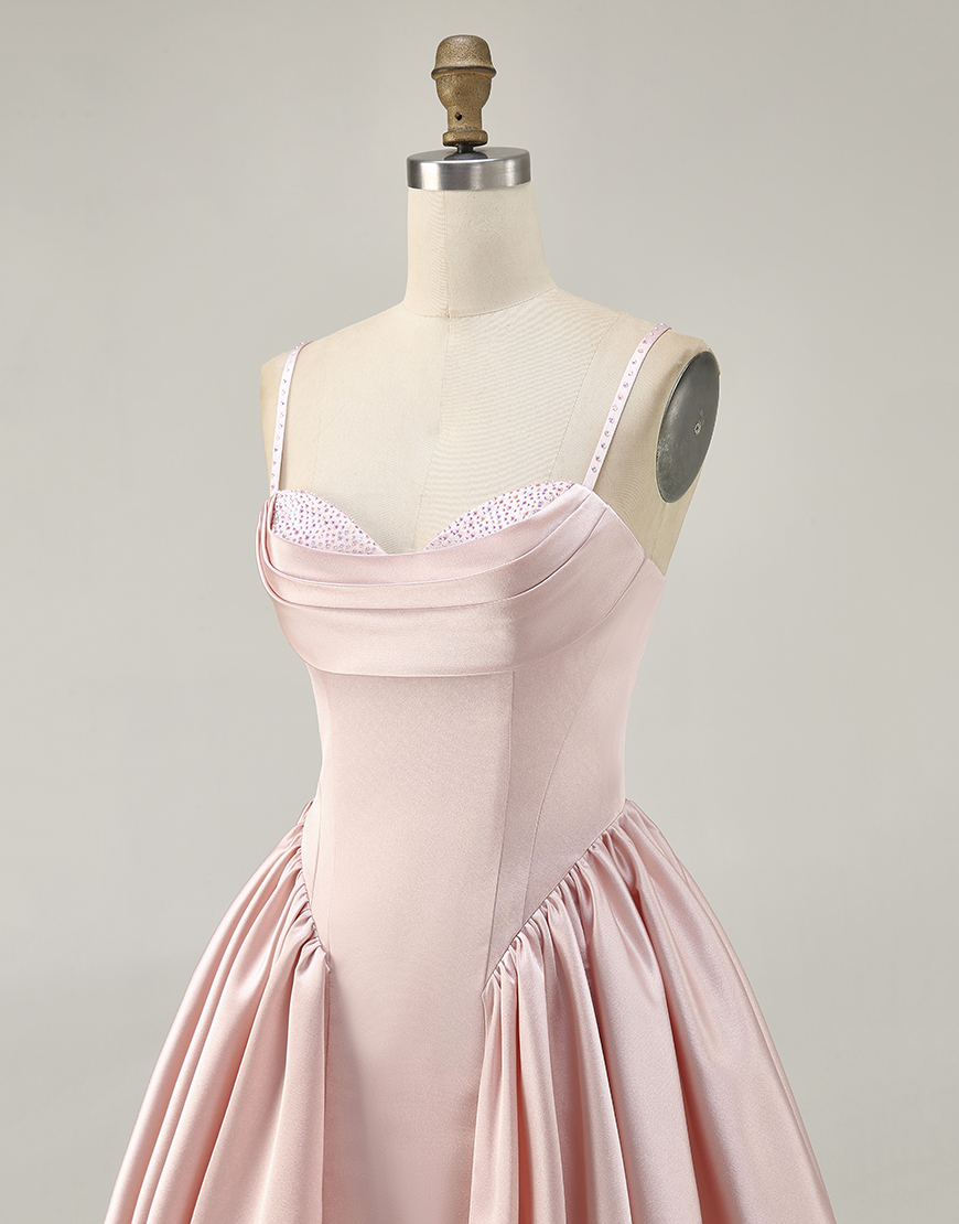 Blush Spaghetti Straps Satin A Line Short Homecoming Dress