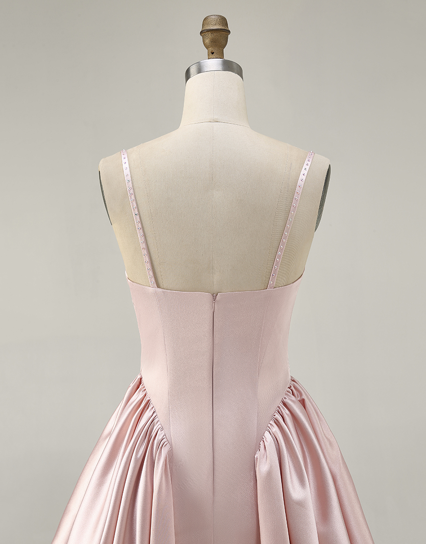 Blush Spaghetti Straps Satin A Line Short Homecoming Dress