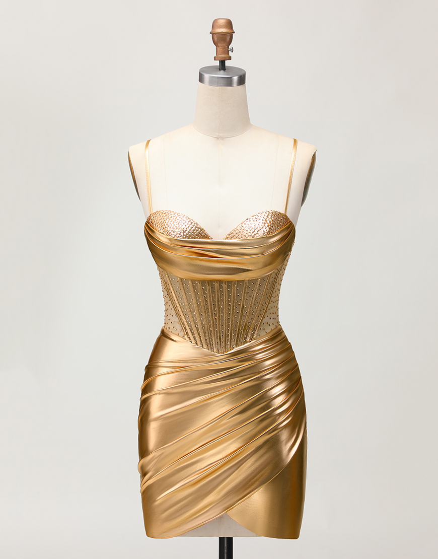 Sparkly Metallic Golden Tight Short Corset Homecoming Dress with Beading