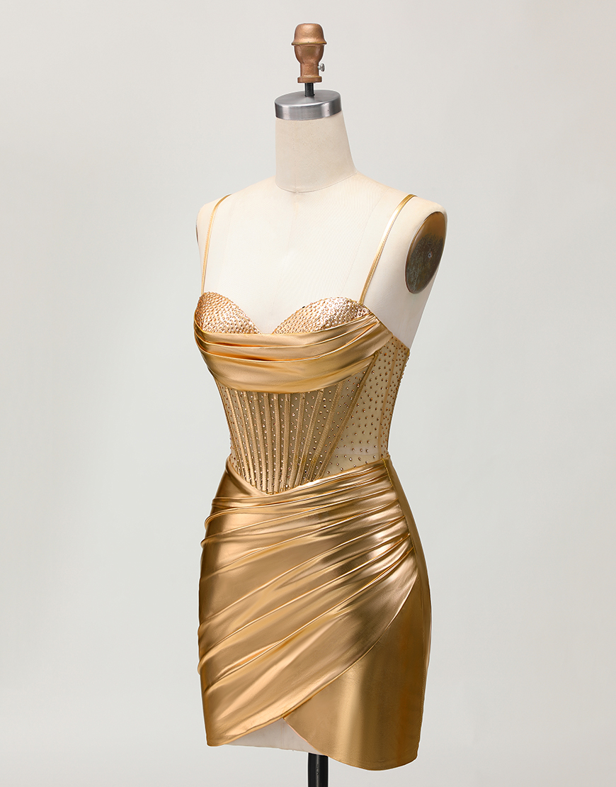 Sparkly Metallic Golden Tight Short Corset Homecoming Dress with Beading