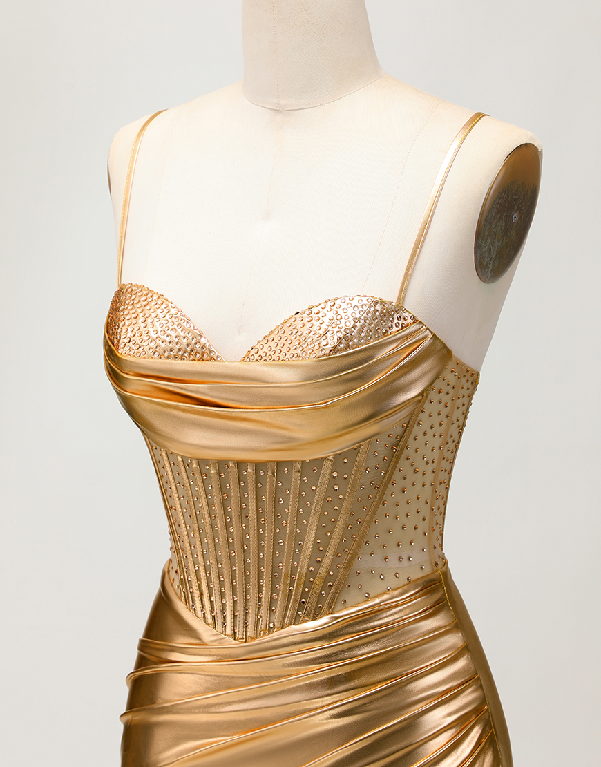 Sparkly Metallic Golden Tight Short Corset Homecoming Dress with Beading